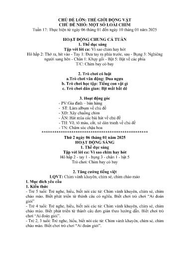 Kế hoạch bài dạy Mầm non Lớp 5 tuổi - Tuần 17, Chủ đề: Thế giới động vật - Chủ đề nhỏ: Một số loài chim (Dền Sáng)