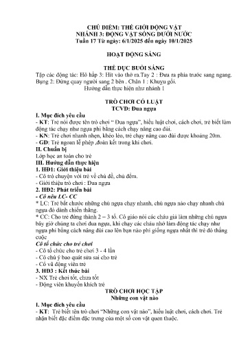 Kế hoạch bài dạy Mầm non Lớp 5 tuổi - Tuần 17, Chủ đề: Thế giới động vật - Chủ đề nhánh 3: Động vật sống dưới nước (Trường Chính)