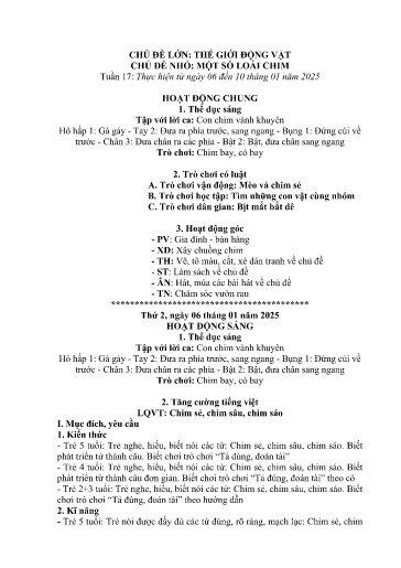 Kế hoạch bài dạy Mầm non Lớp 5 tuổi - Tuần 17, Chủ đề: Thế giới động vật - Chủ đề nhỏ: Một số loài chim (Trung Chải)