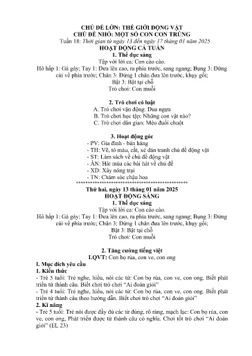 Kế hoạch bài dạy Mầm non Lớp 5 tuổi - Tuần 18, Chủ đề: Thế giới động vật - Chủ đề nhỏ: Một số con côn trùng (Trường Chính)