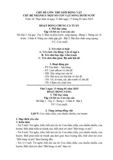 Kế hoạch bài dạy Mầm non Lớp 5 tuổi - Tuần 18, Chủ đề: Thế giới động vật - Chủ đề nhỏ: Một số con vật sống dưới nước (Dền Sáng)
