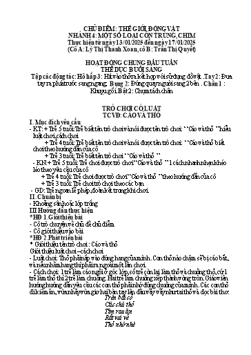 Kế hoạch bài dạy Mầm non Lớp 5 tuổi - Tuần 18, Chủ đề: Thế giới động vật - Chủ đề nhánh 4: Một số loại côn trùng, chim (Séo Pờ Hồ)