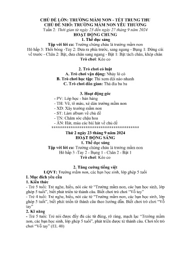 Kế hoạch bài dạy Mầm non Lớp 5 tuổi - Tuần 2, Chủ đề: Trường mầm non + Tết Trung thu - Chủ đề nhỏ: Trường mầm non yêu thương (Trường Chính)