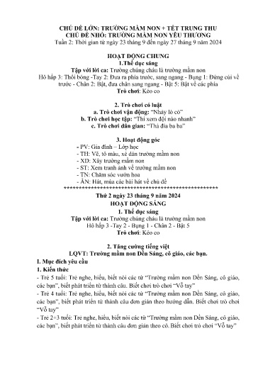 Kế hoạch bài dạy Mầm non Lớp 5 tuổi - Tuần 2, Chủ đề: Trường mầm non + Tết Trung thu - Chủ đề nhỏ: Trường mầm non yêu thương (Dền Sáng)