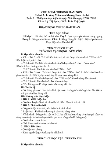Kế hoạch bài dạy Mầm non Lớp 5 tuổi - Tuần 2, Chủ đề: Trường mầm non - Chủ đề nhánh 2: Trường mầm non Mường Hum của bé (Séo Pờ Hồ)
