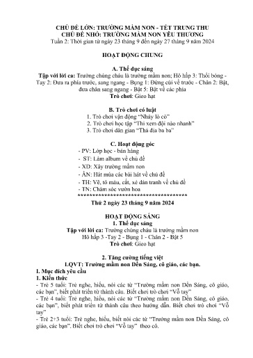 Kế hoạch bài dạy Mầm non Lớp 5 tuổi - Tuần 2, Chủ đề: Trường mầm non + Tết Trung thu - Chủ đề nhỏ: Trường mầm non yêu thương (Trung Chải)