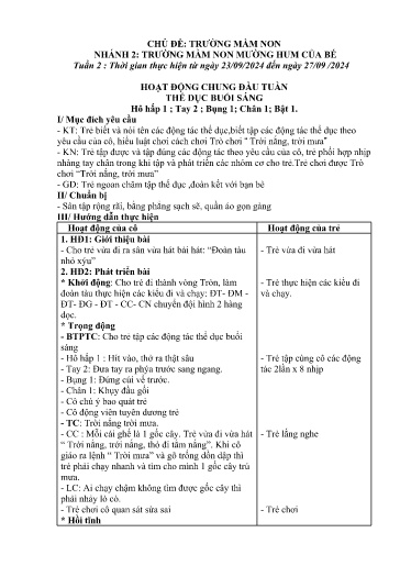 Kế hoạch bài dạy Mầm non Lớp 5 tuổi - Tuần 2, Chủ đề: Trường mầm non - Chủ đề nhánh 2: Trường mầm non Mường Hum của bé (Trường Chính)