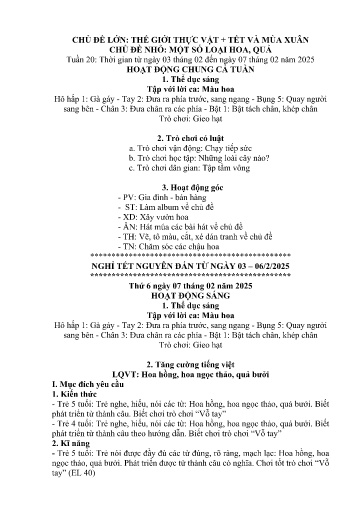 Kế hoạch bài dạy Mầm non Lớp 5 tuổi - Tuần 20, Chủ đề: Thế giới thực vật + Tết và mùa xuân - Chủ đề nhỏ: Một số loại hoa, quả (Trường Chính)