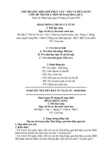 Kế hoạch bài dạy Mầm non Lớp 5 tuổi - Tuần 20, Chủ đề: Thế giới thực vật + Tết và mùa xuân - Chủ đề nhỏ: Một số loại hoa, quả (Dền Sáng)
