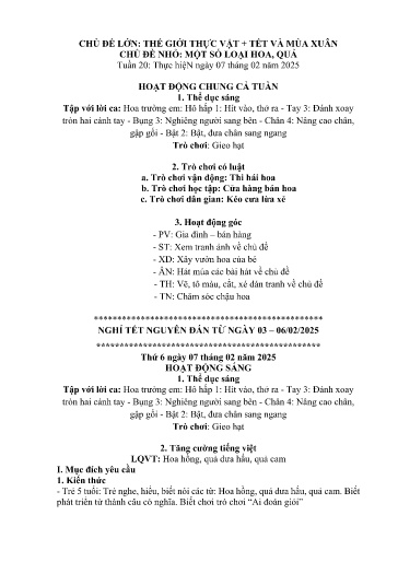 Kế hoạch bài dạy Mầm non Lớp 5 tuổi - Tuần 20, Chủ đề: Thế giới thực vật + Tết và mùa xuân - Chủ đề nhỏ: Một số loại hoa, quả (Trung Chải)