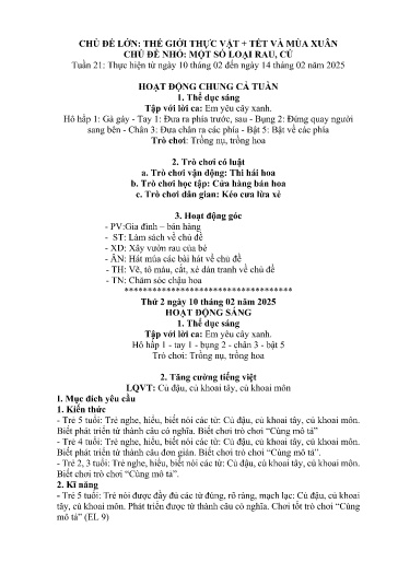 Kế hoạch bài dạy Mầm non Lớp 5 tuổi - Tuần 21, Chủ đề: Thế giới thực vật + Tết và mùa xuân - Chủ đề nhỏ: Một số loại rau, củ (Trung Chải)