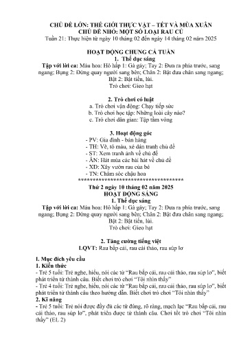 Kế hoạch bài dạy Mầm non Lớp 5 tuổi - Tuần 21, Chủ đề: Thế giới thực vật + Tết và mùa xuân - Chủ đề nhỏ: Một số loại rau, củ (Trường Chính)