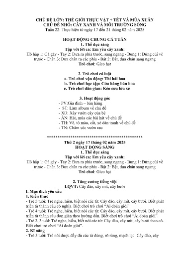 Kế hoạch bài dạy Mầm non Lớp 5 tuổi - Tuần 22, Chủ đề: Thế giới thực vật + Tết và mùa xuân - Chủ đề nhỏ: Cây xanh và môi trường sống (Trung Chải)