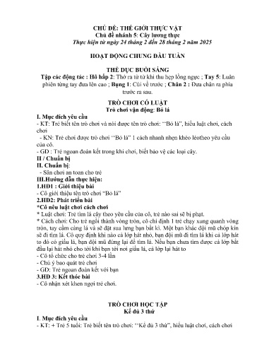 Kế hoạch bài dạy Mầm non Lớp 5 tuổi - Tuần 23, Chủ đề: Thế giới thực vật - Chủ đề nhánh 5: Cây lương thực (Trường Chính)