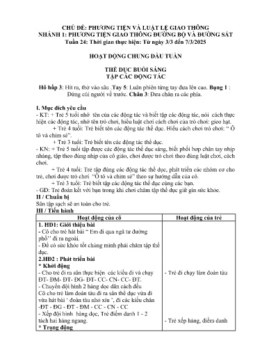 Kế hoạch bài dạy Mầm non Lớp 5 tuổi - Tuần 24, Chủ đề: Phương tiện và luật lệ giao thông - Chủ đề nhánh 1: PTGT đường bộ và đường sắt (Piềng Láo)