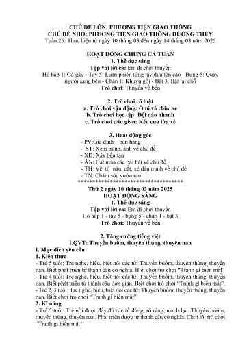 Kế hoạch bài dạy Mầm non Lớp 5 tuổi - Tuần 25, Chủ đề: Phương tiện giao thông - Chủ đề nhỏ: PTGT đường thủy (Trung Chải)