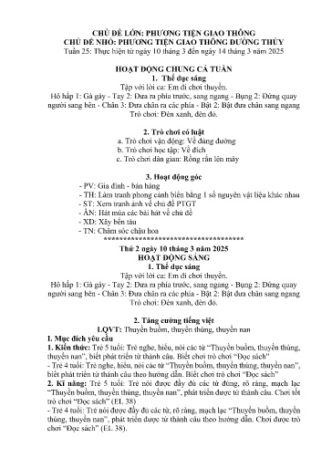Kế hoạch bài dạy Mầm non Lớp 5 tuổi - Tuần 25, Chủ đề: Phương tiện giao thông - Chủ đề nhỏ: PTGT đường thủy (Trường Chính)