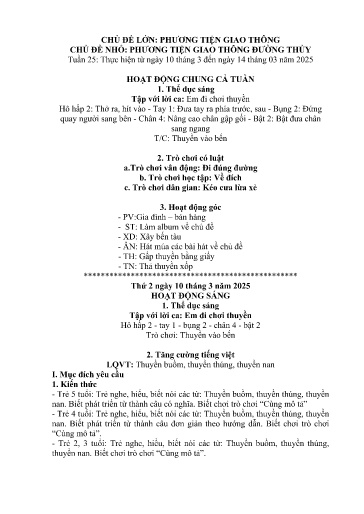 Kế hoạch bài dạy Mầm non Lớp 5 tuổi - Tuần 25, Chủ đề: Phương tiện giao thông - Chủ đề nhỏ: PTGT đường thủy (Dền Sáng)