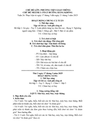 Kế hoạch bài dạy Mầm non Lớp 5 tuổi - Tuần 26, Chủ đề: Phương tiện giao thông - Chủ đề nhỏ: PTGT đường hàng không (Dền Sáng)