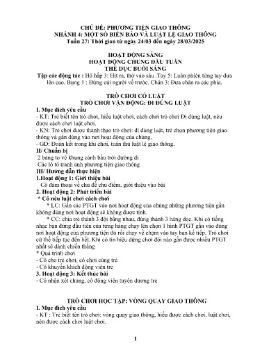 Kế hoạch bài dạy Mầm non Lớp 5 tuổi - Tuần 27, Chủ đề: Phương tiện giao thông - Chủ đề nhánh 4: Một số biển báo và luật lệ giao thông (Trường Chính)