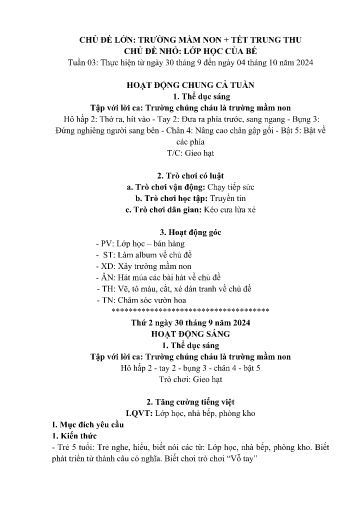 Kế hoạch bài dạy Mầm non Lớp 5 tuổi - Tuần 3, Chủ đề: Trường mầm non + Tết Trung thu - Chủ đề nhỏ: Lớp học của bé (Dền Sáng)