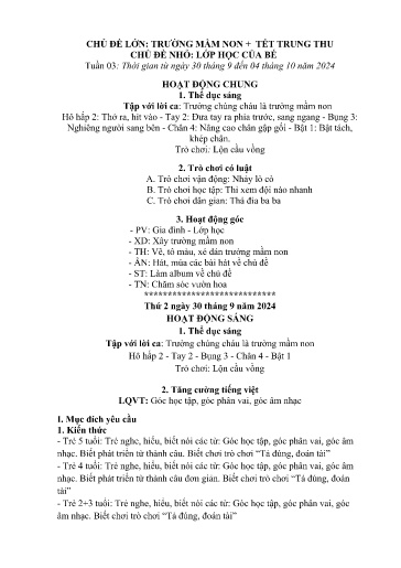 Kế hoạch bài dạy Mầm non Lớp 5 tuổi - Tuần 3, Chủ đề: Trường mầm non + Tết Trung thu - Chủ đề nhỏ: Lớp học của bé (Trung Chải)
