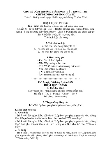 Kế hoạch bài dạy Mầm non Lớp 5 tuổi - Tuần 3, Chủ đề: Trường mầm non + Tết Trung thu - Chủ đề nhỏ: Lớp học của bé (Trường Chính)
