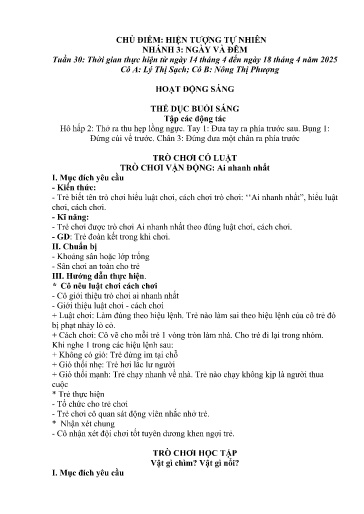 Kế hoạch bài dạy Mầm non Lớp 5 tuổi - Tuần 30, Chủ đề: Hiện tượng tự nhiên - Chủ đề nhánh 3: Ngày và đêm (Trường Chính)