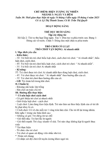 Kế hoạch bài dạy Mầm non Lớp 5 tuổi - Tuần 30, Chủ đề: Hiện tượng tự nhiên - Chủ đề nhánh 3: Ngày và đêm (Séo Pờ Hồ)