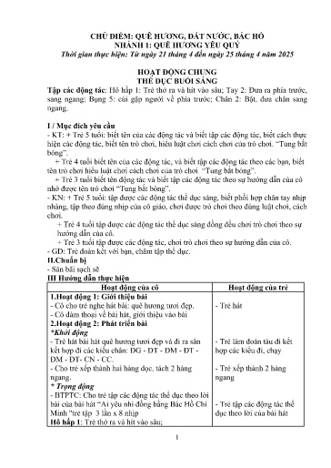 Kế hoạch bài dạy Mầm non Lớp 5 tuổi - Tuần 31, Chủ đề: Quê hương, đất nước và Bác Hồ - Chủ đề nhánh 1: Quê hương yêu quý (Piềng Láo)