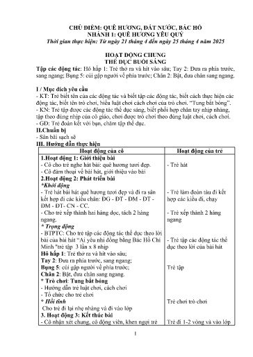 Kế hoạch bài dạy Mầm non Lớp 5 tuổi - Tuần 31, Chủ đề: Quê hương, đất nước, Bác Hồ - Chủ đề nhánh 1: Quê hương yêu quý (Trường Chính)