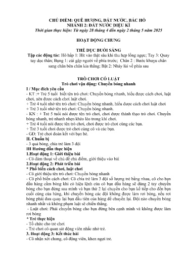 Kế hoạch bài dạy Mầm non Lớp 5 tuổi - Tuần 32, Chủ đề: Quê hương, đất nước và Bác Hồ - Chủ đề nhánh 2: Đất nước diệu kì (Piềng Láo)