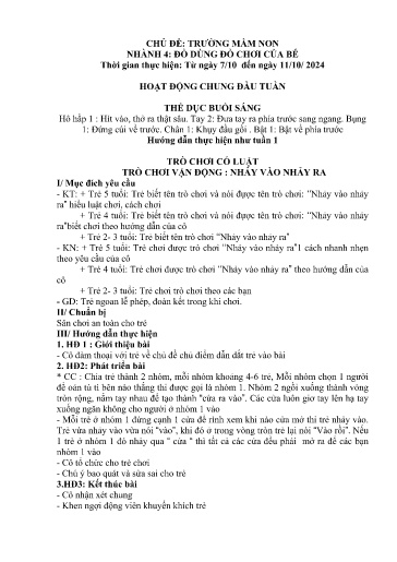 Kế hoạch bài dạy Mầm non Lớp 5 tuổi - Tuần 4, Chủ đề: Trường mầm non - Chủ đề nhánh 4: Đồ dùng đồ chơi của bé (Piềng Láo)