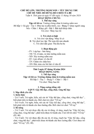 Kế hoạch bài dạy Mầm non Lớp 5 tuổi - Tuần 4, Chủ đề: Trường mầm non + Tết Trung thu - Chủ đề nhỏ: Đồ dùng đồ chơi của bé (Trường Chính)