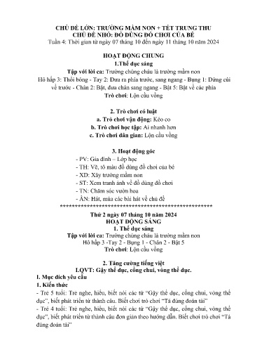 Kế hoạch bài dạy Mầm non Lớp 5 tuổi - Tuần 4, Chủ đề: Trường mầm non + Tết Trung thu - Chủ đề nhỏ: Đồ dùng đồ chơi của bé (Dền Sáng)