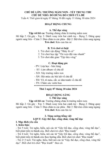 Kế hoạch bài dạy Mầm non Lớp 5 tuổi - Tuần 4, Chủ đề: Trường mầm non + Tết Trung thu - Chủ đề nhỏ: Đồ dùng, đồ chơi của bé (Trung Chải)