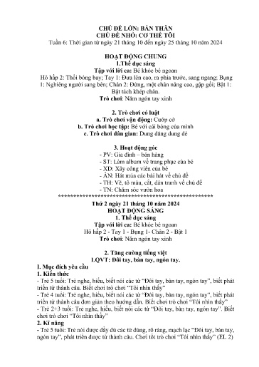 Kế hoạch bài dạy Mầm non Lớp 5 tuổi - Tuần 6, Chủ đề: Bản thân - Chủ đề nhỏ: Cơ thể tôi (Dền Sáng)