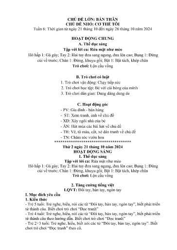 Kế hoạch bài dạy Mầm non Lớp 5 tuổi - Tuần 6, Chủ đề: Bản thân - Chủ đề nhỏ: Cơ thể tôi (Trung Chải)