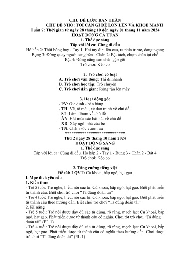 Kế hoạch bài dạy Mầm non Lớp 5 tuổi - Tuần 7, Chủ đề: Bản thân - Chủ đề nhỏ: Tôi cần gì để lớn lên và khỏe mạnh (Trường Chính)