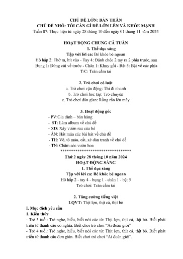 Kế hoạch bài dạy Mầm non Lớp 5 tuổi - Tuần 7, Chủ đề: Bản thân - Chủ đề nhỏ: Tôi cần gì để lớn lên và khỏe mạnh (Dền Sáng)