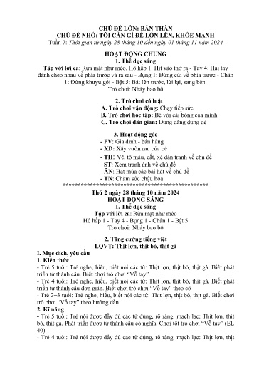 Kế hoạch bài dạy Mầm non Lớp 5 tuổi - Tuần 7, Chủ đề: Bản thân - Chủ đề nhỏ: Tôi cần gì để lớn lên, khỏe mạnh (Trung Chải)