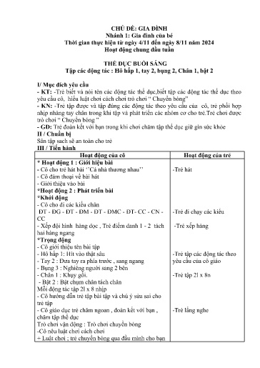 Kế hoạch bài dạy Mầm non Lớp 5 tuổi - Tuần 8, Chủ đề: Gia đình - Chủ đề nhánh 1: Gia đình của bé (Trường Chính)