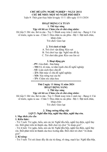 Kế hoạch bài dạy Mầm non Lớp 5 tuổi - Tuần 9, Chủ đề: Nghề nghiệp + Ngày 20/11 - Chủ đề nhỏ: Một số nghề phổ biến (Trường Chính)