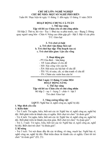 Kế hoạch bài dạy Mầm non Lớp 5 tuổi - Tuần 9, Chủ đề: Nghề nghiệp - Chủ đề nhỏ: Một số nghề phổ biến (Dền Sáng)