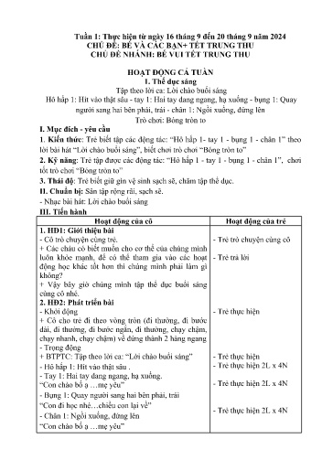 Kế hoạch bài dạy Mầm non Lớp Nhà trẻ - Tuần 1, Chủ đề: Bé và các bạn + Tết Trung Thu - Chủ đề nhánh: Bé vui Tết Trung Thu (Trường Chính)