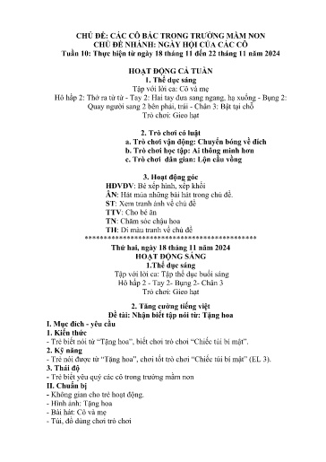 Kế hoạch bài dạy Mầm non Lớp Nhà trẻ - Tuần 10, Chủ đề: Các cô bác trong trường mầm non - Chủ đề nhánh: Ngày hội của các cô (Trường Chính)