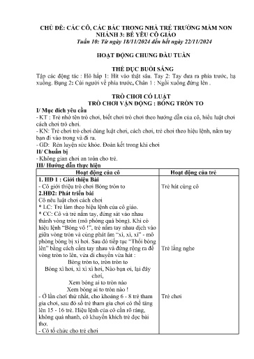 Kế hoạch bài dạy Mầm non Lớp Nhà trẻ - Tuần 10, Chủ đề: Các cô, các bác trong trường mầm non - Chủ đề nhánh 3: Bé yêu cô giáo (Trường Chính)