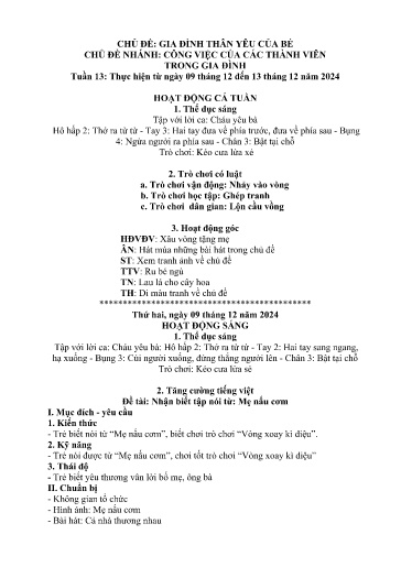 Kế hoạch bài dạy Mầm non Lớp Nhà trẻ - Tuần 13, Chủ đề: Gia đình thân yêu của bé - Chủ đề nhánh: Công việc của các thành viên trong gia đình (Trường Chính)