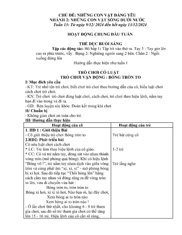 Kế hoạch bài dạy Mầm non Lớp Nhà trẻ - Tuần 13, Chủ đề: Những con vật đáng yêu - Chủ đề nhánh 2: Những con vật sống dưới nước (Trường Chính)
