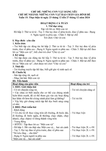 Kế hoạch bài dạy Mầm non Lớp Nhà trẻ - Tuần 15, Chủ đề: Những con vật đáng yêu - Chủ đề nhánh: Những con vật hai chân gia đình bé (Trường Chính)